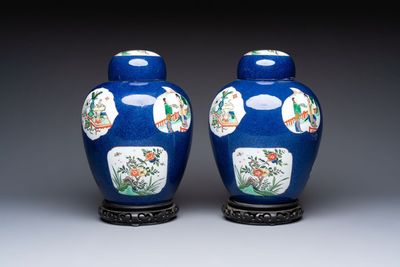 A pair of famille verte-style powder-blue-ground covered vases on stands, Samson, Paris, 19th C.