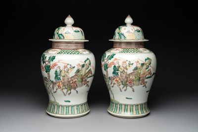 A pair of famille verte-style 'warriors on horseback' vases and covers, Samson, Paris, 19th C.