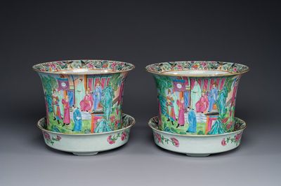A pair of fine Chinese Canton famille rose jardinieres on stands, 19th C.