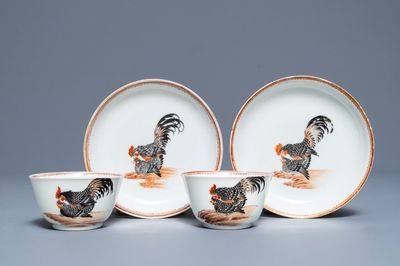 A pair of fine Chinese cups and saucers with roosters and chickens, Qianlong