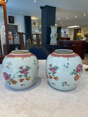 A pair of fine Chinese famille rose 'botanical Merian-style' jars with wooden covers, Qianlong — 照片 1