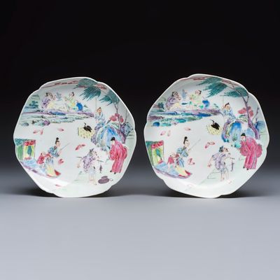 A pair of fine Chinese famille rose eggshell plates with figural design, Yongzheng