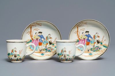 A pair of fine Chinese famille rose 'European subject' cups and saucers, Qianlong