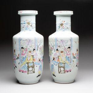 A pair of fine Chinese famille rose 'Guo Ziyi 郭子儀' rouleau vases, Qianlong mark, 19th C. — photo 1