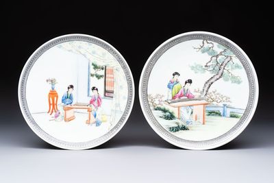 A pair of fine Chinese famille rose 'Ladies' plates, Qianlong marks, Republic