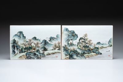 A pair of fine Chinese famille rose plaques with landscape design, signed Wang Yeting 汪野亭, 20th C.