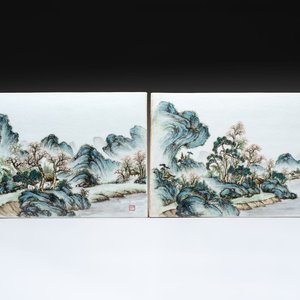 A pair of fine Chinese famille rose plaques with landscape design, signed Wang Yeting 汪野亭, 20th C. — foto 1