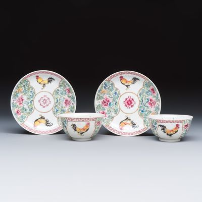 A pair of fine Chinese famille rose 'Rooster' tea bowls and saucers, Yongzheng
