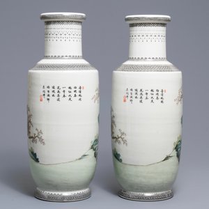 A pair of fine Chinese famille rose rouleau vases, Qianlong mark, Republic, 20th C. — photo 3
