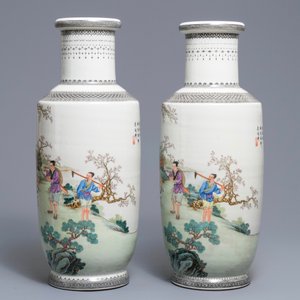 A pair of fine Chinese famille rose rouleau vases, Qianlong mark, Republic, 20th C. — photo 4
