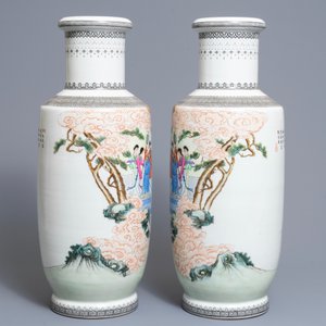 A pair of fine Chinese famille rose rouleau vases, Qianlong mark, Republic, 20th C. — photo 2