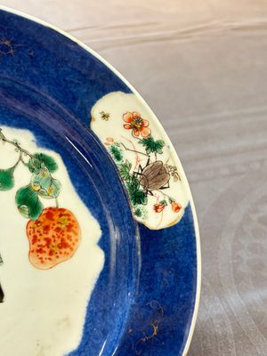 A pair of fine Chinese famille verte powder-blue-ground 'bird on branch' plates, Kangxi — photo 3