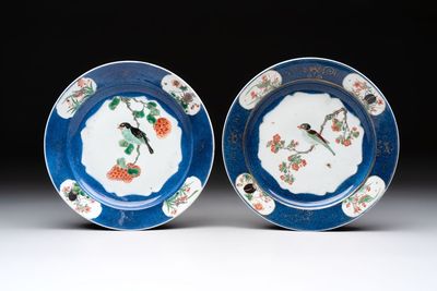 A pair of fine Chinese famille verte powder-blue-ground 'bird on branch' plates, Kangxi