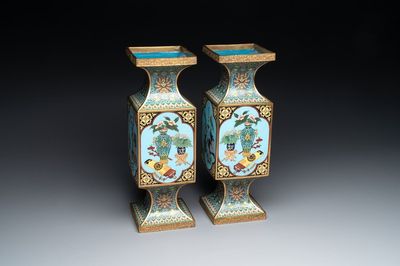 A pair of fine Chinese rectangular cloisonné 'antiquities' 'gu' vases, 19/20th C.