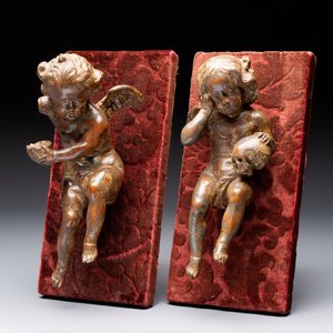 A pair of Flemish allegorical carved wood cherubs, 17th C. — 照片 1