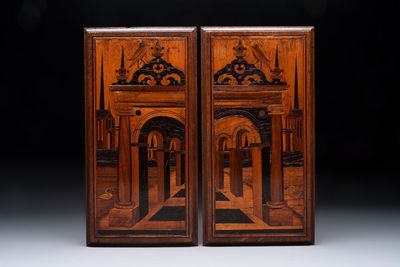 A pair of Flemish marquetry panels in various types of wood, Antwerp, 17th C.