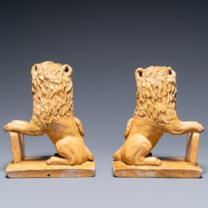 A pair of Flemish or North-French pottery lions, signed and dated 1865 — 照片 4