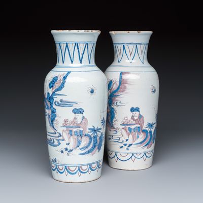 A pair of French blue, white and manganese chinoiserie vases, Nevers, 18th C.