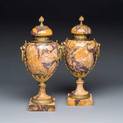 A pair of French gilt-bronze-mounted marble cassolettes, ca. 1900