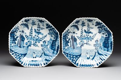 A pair of gadrooned blue and white Dutch Delft chinoiserie dishes, 18th C.