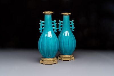 A pair of gilt-bronze-mounted Chinese turquoise-glazed vases, 19th C.