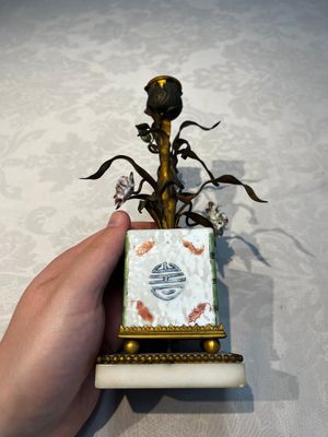A pair of gilt silver and metal candlesticks with Chinese porcelain, European porcelain flowers, and marble bases, marked Boin-Taburet, late 19th C. — photo 2