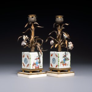 A pair of gilt silver and metal candlesticks with Chinese porcelain, European porcelain flowers, and marble bases, marked Boin-Taburet, late 19th C. — photo 1