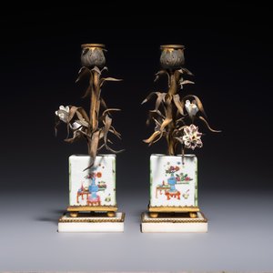 A pair of gilt silver and metal candlesticks with Chinese porcelain, European porcelain flowers, and marble bases, marked Boin-Taburet, late 19th C. — photo 2