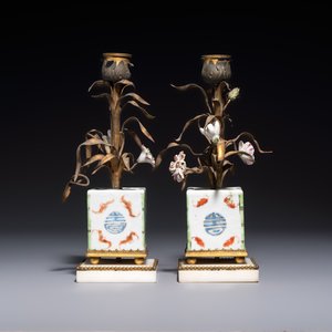 A pair of gilt silver and metal candlesticks with Chinese porcelain, European porcelain flowers, and marble bases, marked Boin-Taburet, late 19th C. — photo 3
