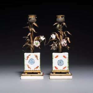 A pair of gilt silver and metal candlesticks with Chinese porcelain, European porcelain flowers, and marble bases, marked Boin-Taburet, late 19th C. — photo 4
