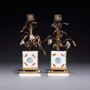 A pair of gilt silver and metal candlesticks with Chinese porcelain, European porcelain flowers, and marble bases, marked Boin-Taburet, late 19th C. — photo 5