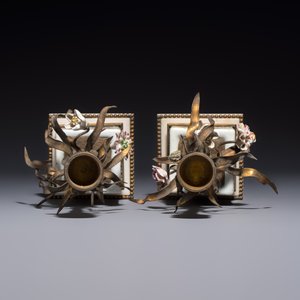 A pair of gilt silver and metal candlesticks with Chinese porcelain, European porcelain flowers, and marble bases, marked Boin-Taburet, late 19th C. — photo 6