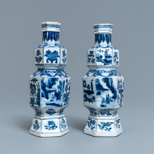 A pair of hexagonal Chinese blue and white vases, Kangxi — photo 1
