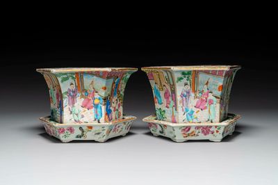 A pair of hexagonal Chinese Canton famille rose jardinieres on stands, 19th C.