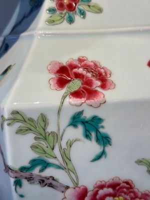 A pair of hexagonal Chinese famille rose 'hu' vases with floral design, Qianlong/Jiaqing — foto 13