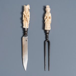 A pair of Hispano-Philippine or Indo-Portuguese erotical ivory-handled knife and fork, 17th C. — 照片 1