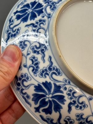 A pair of imperial Chinese blue and white 'lotus scroll' plates, Qianlong mark and of the period — photo 23
