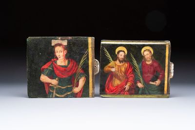 A pair of Italian lead reliquary sliding doors depicting martyr saints, 17/18th C.