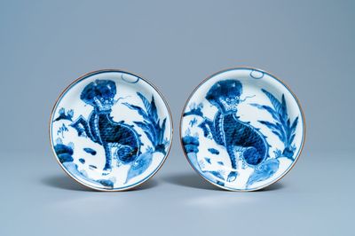 A pair of Japanese blue and white Arita 'qilin' plates, Edo, 17/18th C.