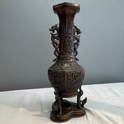 A pair of Japanese bronze vases with dragon-form handles — photo 13