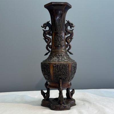 A pair of Japanese bronze vases with dragon-form handles — photo 20