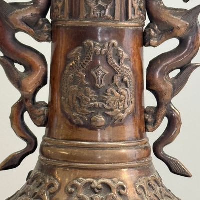 A pair of Japanese bronze vases with dragon-form handles — photo 31