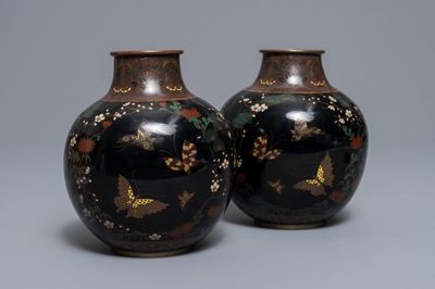 A pair of Japanese cloisonné 'butterfly' vases, Meiji, 19th C.