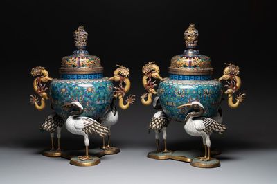 A pair of large and impressive Chinese cloisonné 'dragons and cranes' censers and covers, 19/20th C.