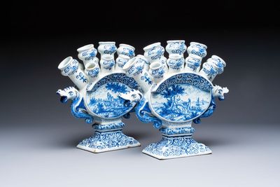 A pair of large blue and white Dutch Delft tulip vases, 19th C.