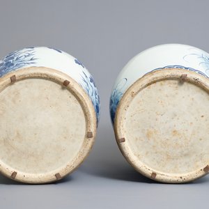 A pair of large Chinese blue and white vases and covers with birds among flowers, 19th C. — photo 6