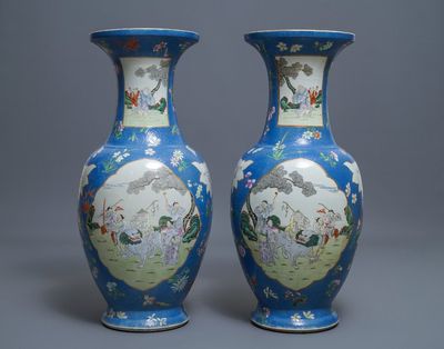 A pair of large Chinese blue-ground famille rose vases with figural design, Qianlong mark, 19th C.