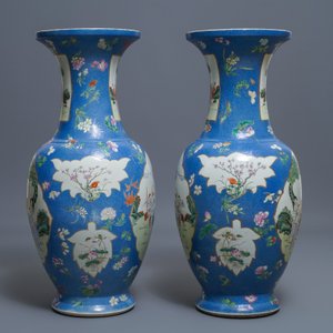 A pair of large Chinese blue-ground famille rose vases with figural design, Qianlong mark, 19th C. — photo 2