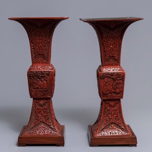 A pair of large Chinese carved cinnabar lacquer 'gu' vases, 18/19th C. — 照片 2
