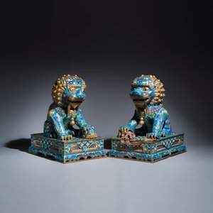 A pair of large Chinese cloisonné Buddhist lions — photo 1